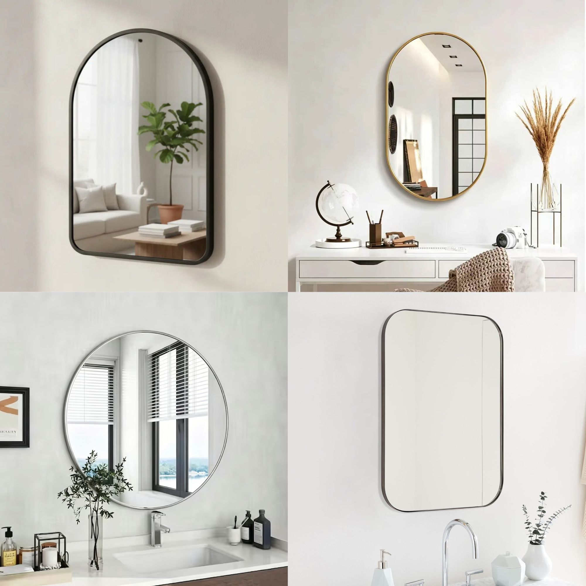 Modern Framed Wall Mirrors – Arch, Oval, Round, Square & Diamond Designs in Black, Gold & Silver