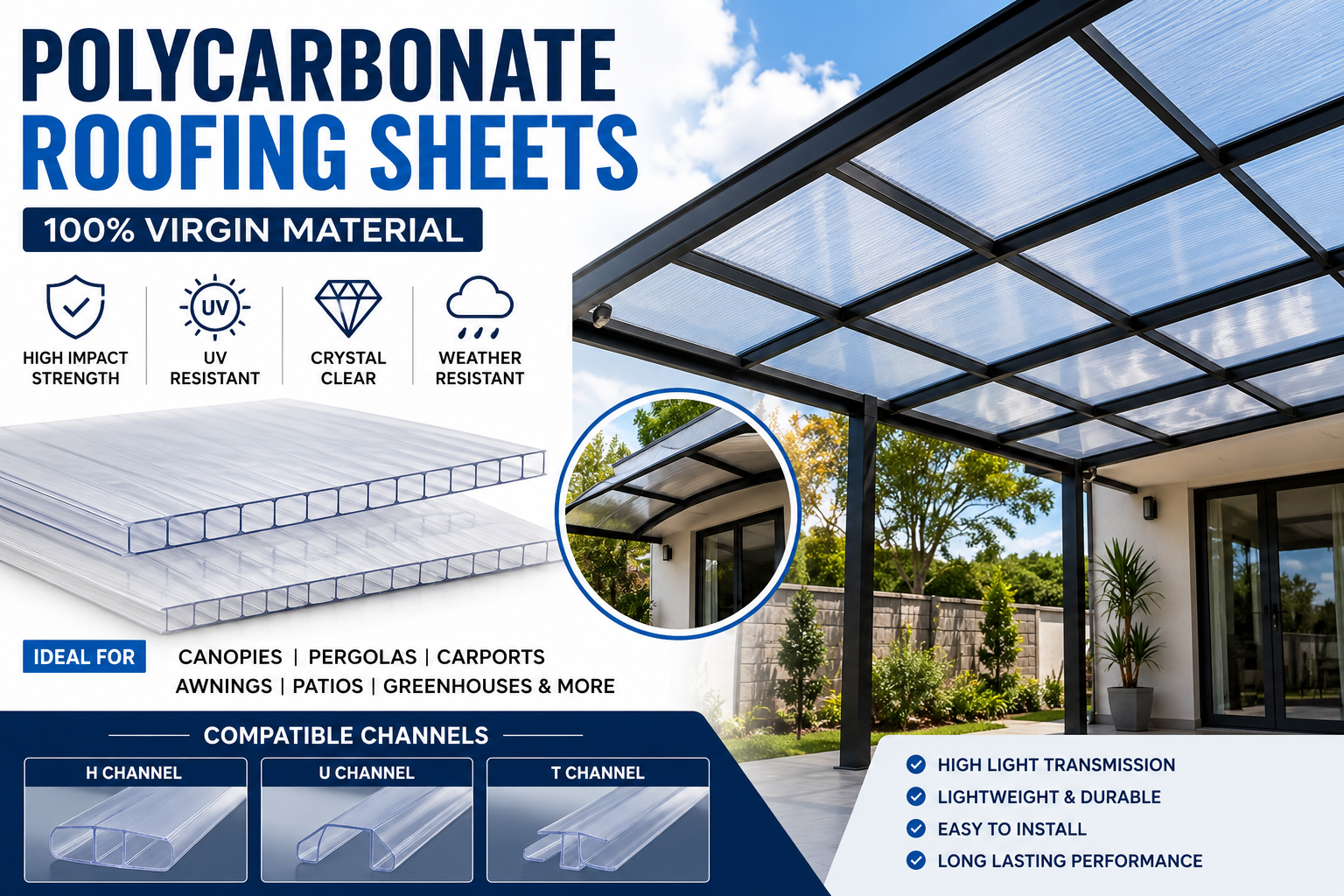 Clear Polycarbonate Roofing Panels with H, U & T Channels - Clear Polycarbonate Sheets